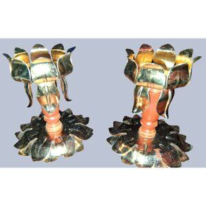 Lotus Flower Brass Wood Flower Petal Candle Holders Set Of 2